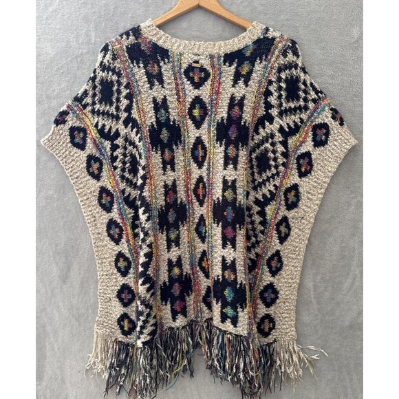 Women's Poncho knit Sweater Aztec Multicolor Metallic Patches Button Side Sz 10 - Picture 12 of 15
